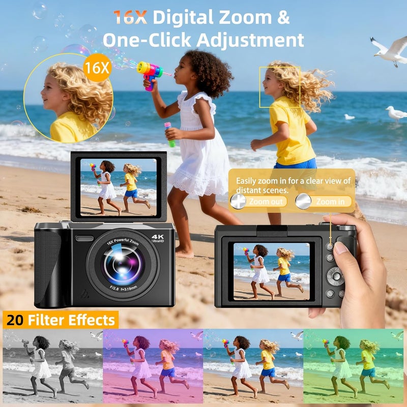 Kasukani كاميرا رقمية 4K للتصوير والفيديو، كاميرا فلوغينغ بدقة 56MP مع تركيز تلقائي لليوتيوب، شاشة قابلة للطي 3" بزاوية 180° وزوم رقمي 16X، كاميرات سفر مدمجة مع بطاقة SD سعة 32GB للمبتدئين والبالغين - Image 4